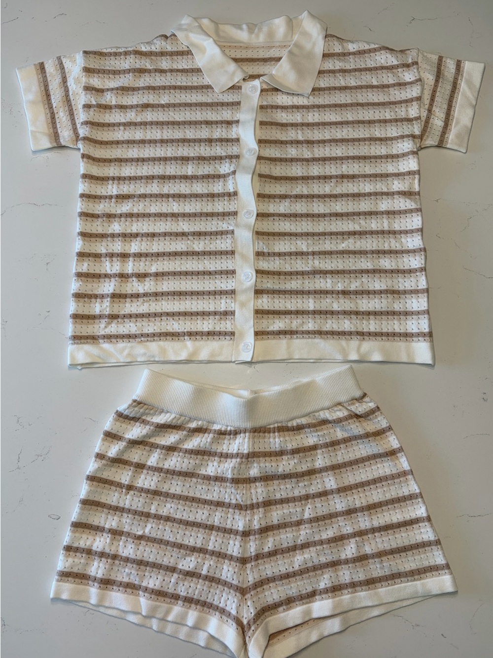 Short Sleeve Polo & Knit Shorts Set Ivory & Beige Stripe Size XL